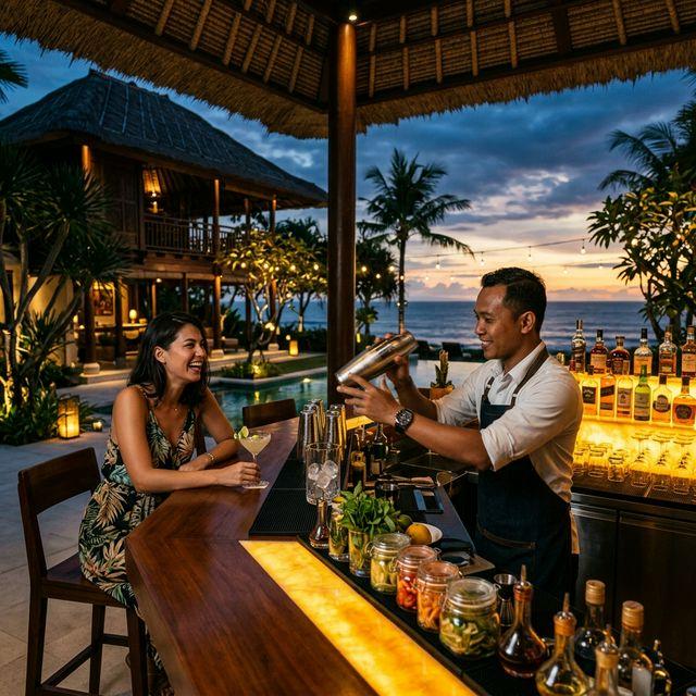 Intimate and relaxing evening by a Bali villa pool at sunset